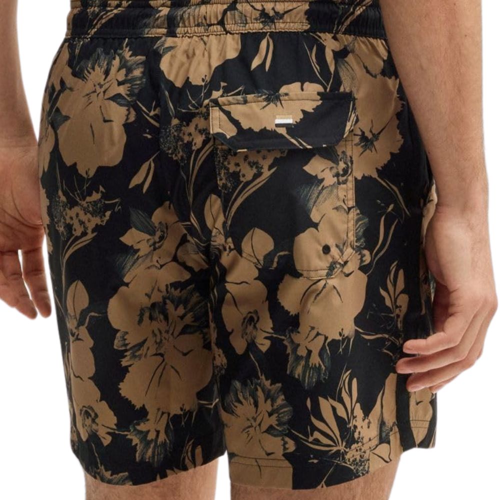 BOSS 'Alain' men's swim shorts with floral print, side stripes &amp; drawstring: Quick-drying