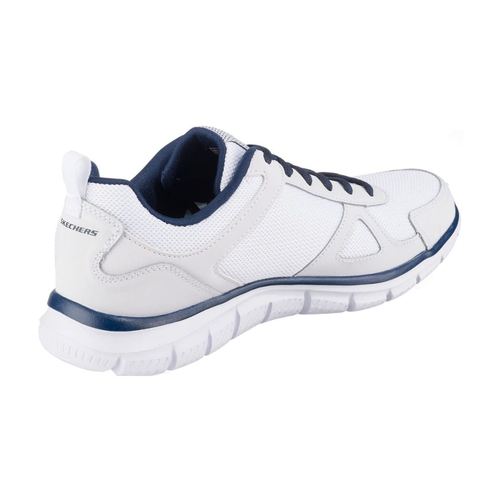 Skechers Track Scloric Herren-Sneaker: White Leather Mesh Pu Navy Trim
