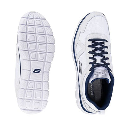 Skechers Track Scloric Herren-Sneaker: White Leather Mesh Pu Navy Trim