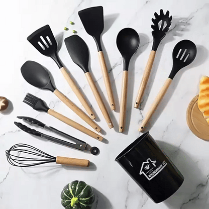 12-Piece Premium Silicone and Wooden Handle Kitchen Utensil Set with Non-Stick Surface